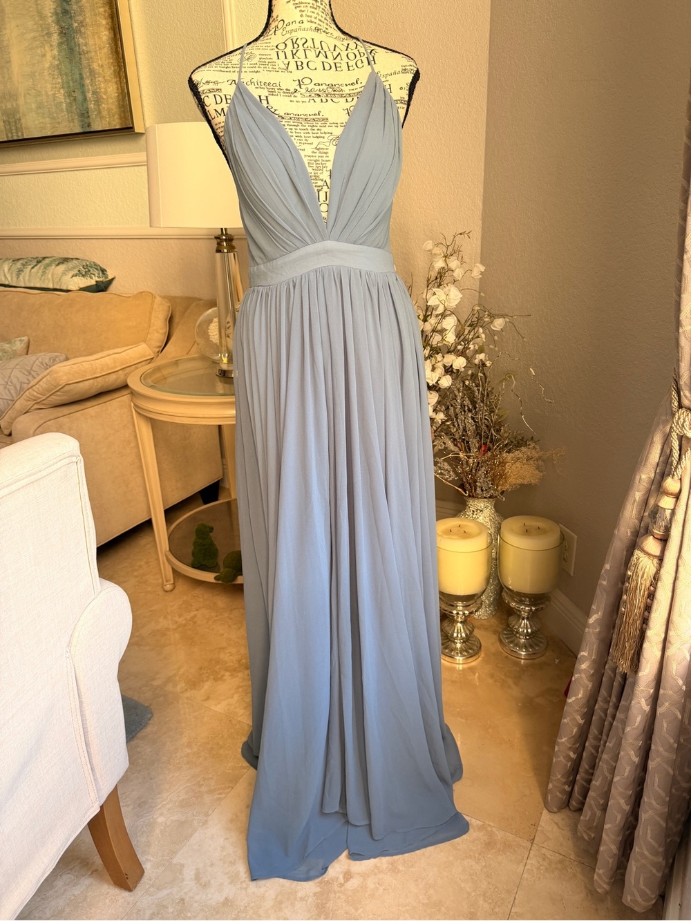 Nordstrom Bridesmaid Meghan Maxi Dress Dusty Blue Size Large Fits 8-10 NWT